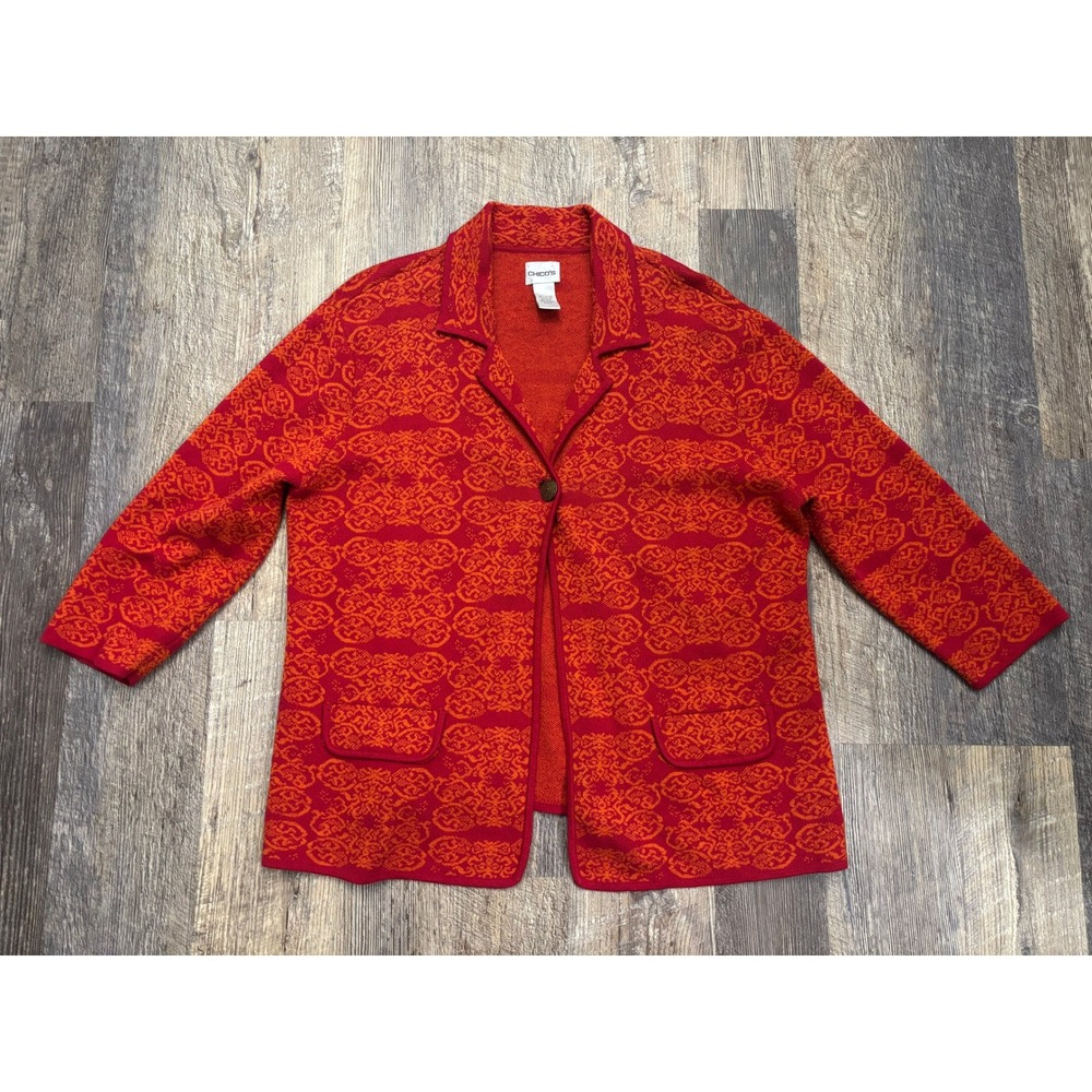 Chicos Red Orange Damask Knit Blazer Cardigan Sweater Jacket Size 2 Large Cotton